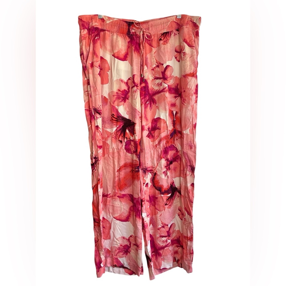 a.n.a Floral Wide Leg Drawstring Pants Pink Red 2X